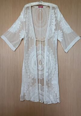 Somya Collection Floral Mesh Lace Duster Kimono Top Large Ivory Boho Ethereal